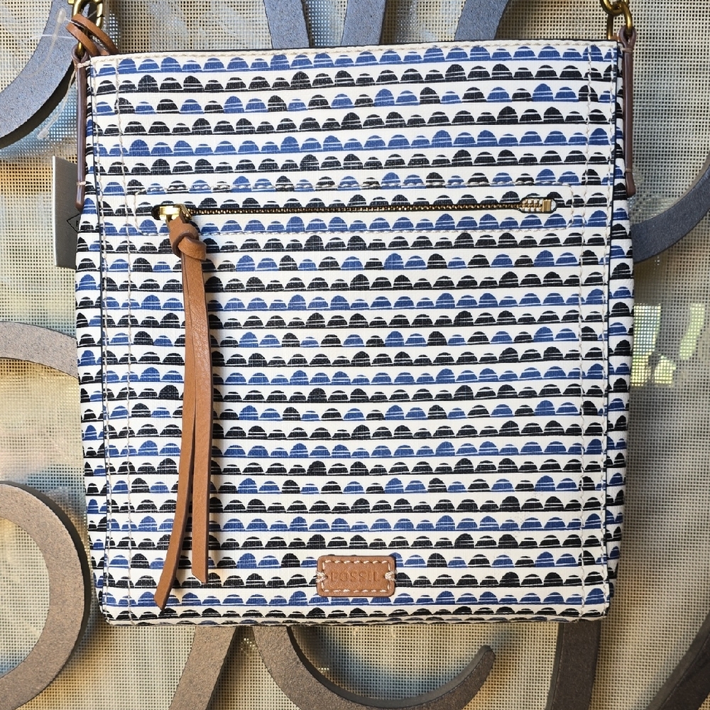 Fossil Navy and White Patterned Crossbody Bag